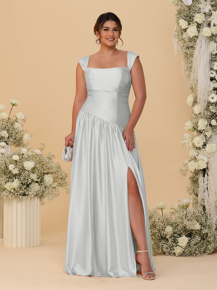 A-Line/Princess Off-the-Shoulder Plus Size Bridesmaid Dresses With Side Slit &amp; Pleats
