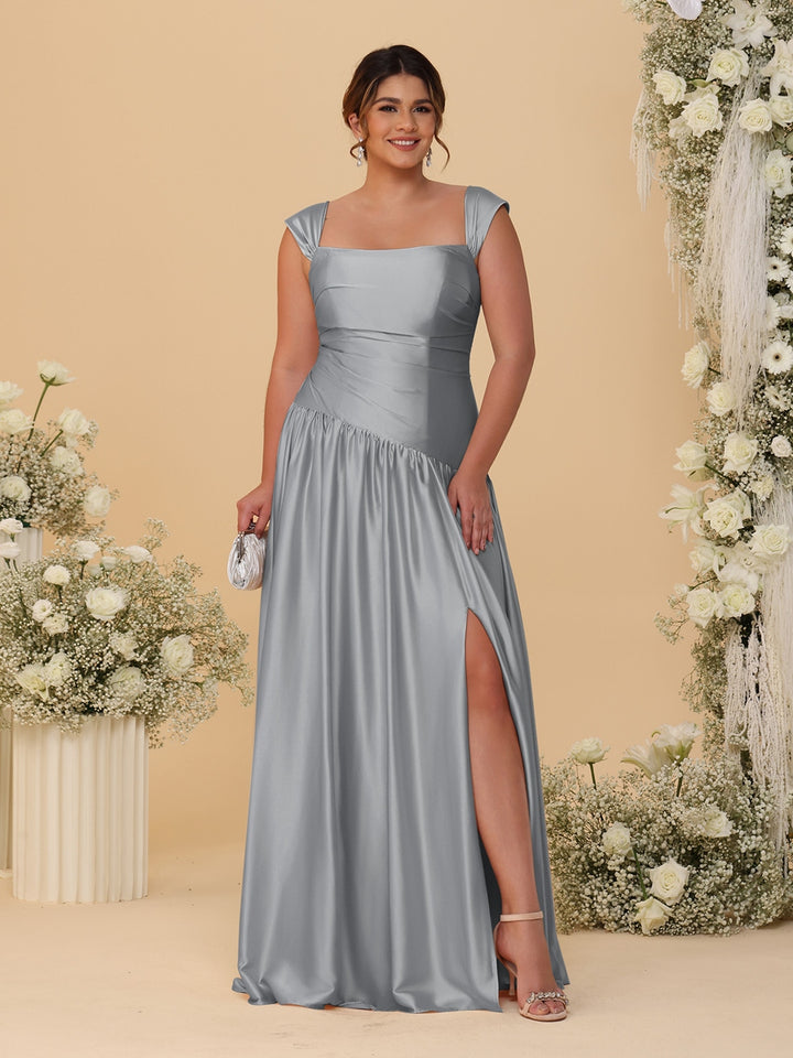 A-Line/Princess Off-the-Shoulder Plus Size Bridesmaid Dresses With Side Slit &amp; Pleats
