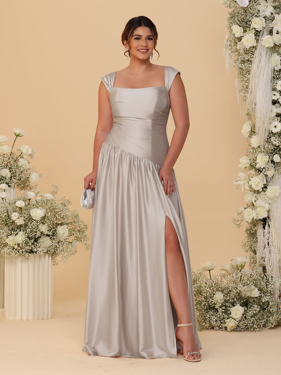 A-Line/Princess Off-the-Shoulder Plus Size Bridesmaid Dresses With Side Slit &amp; Pleats