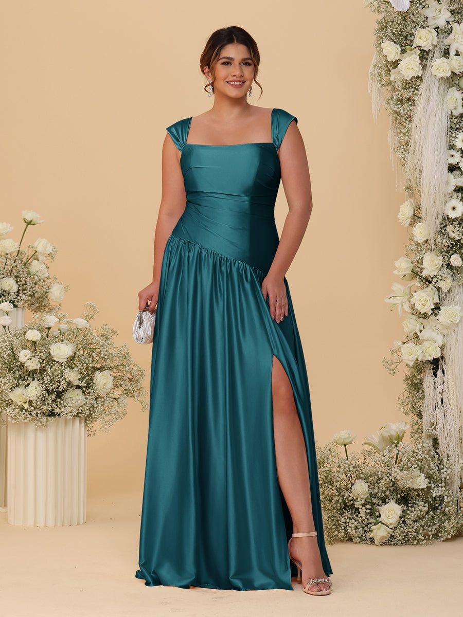 A-Line/Princess Off-the-Shoulder Plus Size Bridesmaid Dresses With Side Slit &amp; Pleats