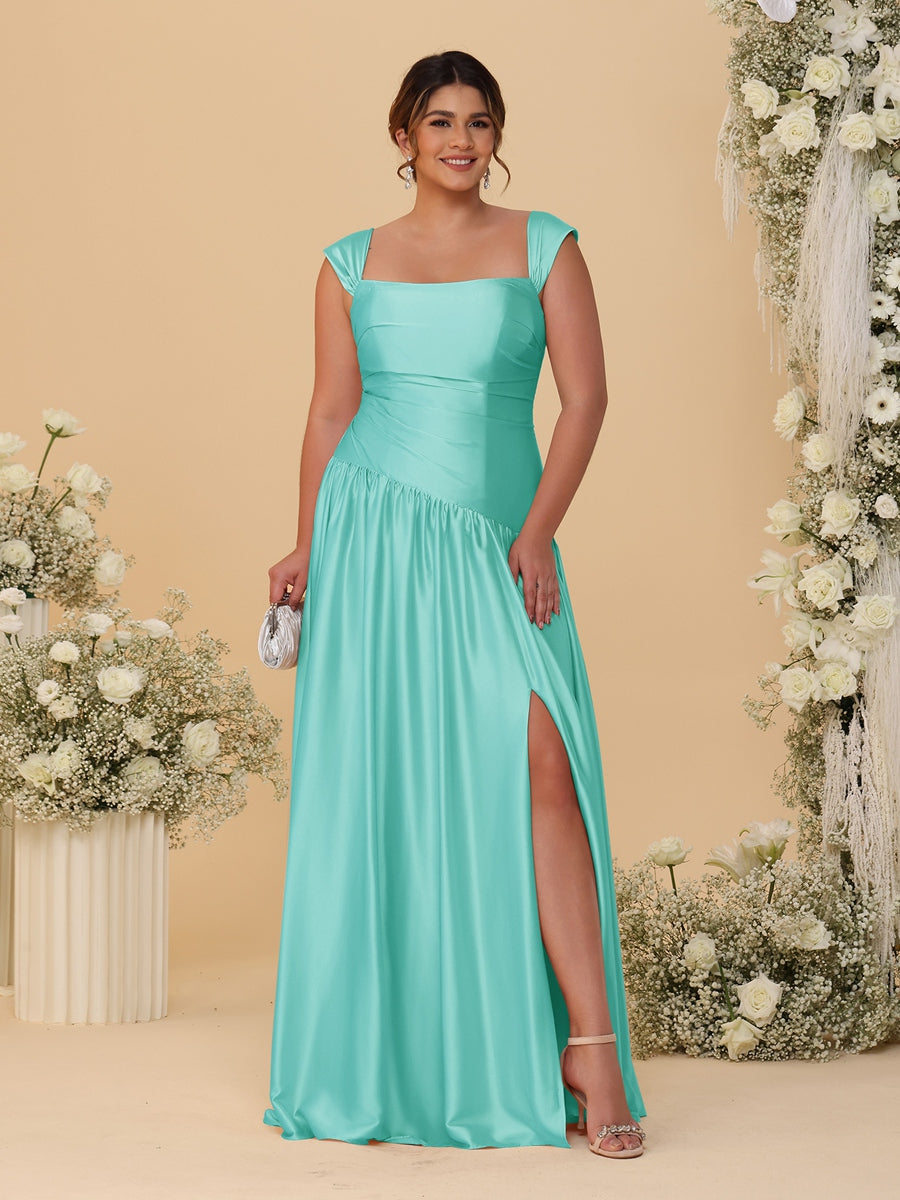A-Line/Princess Off-the-Shoulder Plus Size Bridesmaid Dresses With Side Slit &amp; Pleats