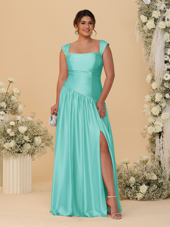 A-Line/Princess Off-the-Shoulder Plus Size Bridesmaid Dresses With Side Slit &amp; Pleats