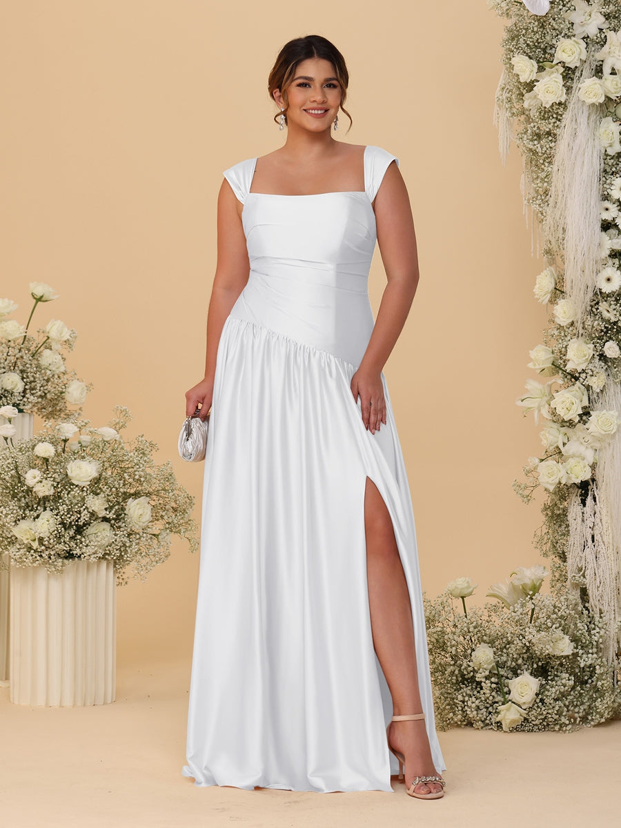 A-Line/Princess Off-the-Shoulder Plus Size Bridesmaid Dresses With Side Slit &amp; Pleats