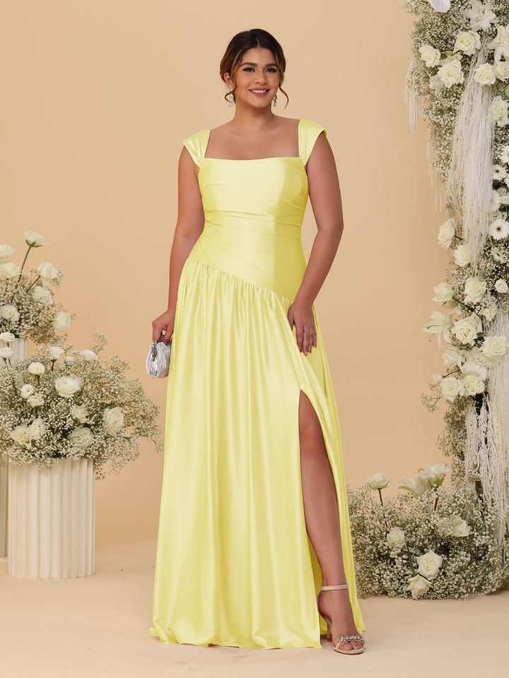 A-Line/Princess Off-the-Shoulder Plus Size Bridesmaid Dresses With Side Slit &amp; Pleats