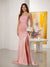 Sheath/Column Spaghetti Straps Sleeveless Ruched Long Bridesmaid Dresses With Side Slit