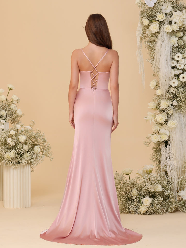Sheath/Column Spaghetti Straps Sleeveless Ruched Long Bridesmaid Dresses With Side Slit