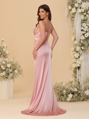 Sheath/Column Spaghetti Straps Sleeveless Ruched Long Bridesmaid Dresses With Side Slit