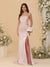 Sheath/Column Spaghetti Straps Sleeveless Ruched Long Bridesmaid Dresses With Side Slit