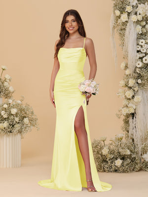 Sheath/Column Spaghetti Straps Sleeveless Ruched Long Bridesmaid Dresses With Side Slit