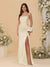 Sheath/Column Spaghetti Straps Sleeveless Ruched Long Bridesmaid Dresses With Side Slit