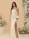 Sheath/Column Spaghetti Straps Sleeveless Ruched Long Bridesmaid Dresses With Side Slit