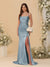 Sheath/Column Spaghetti Straps Sleeveless Ruched Long Bridesmaid Dresses With Side Slit
