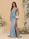 Sheath/Column Spaghetti Straps Sleeveless Ruched Long Bridesmaid Dresses With Side Slit