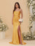 Sheath/Column Spaghetti Straps Sleeveless Ruched Long Bridesmaid Dresses With Side Slit