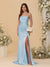 Sheath/Column Spaghetti Straps Sleeveless Ruched Long Bridesmaid Dresses With Side Slit
