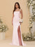 Sheath/Column Spaghetti Straps Sleeveless Ruched Long Bridesmaid Dresses With Side Slit