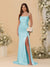 Sheath/Column Spaghetti Straps Sleeveless Ruched Long Bridesmaid Dresses With Side Slit