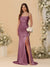 Sheath/Column Spaghetti Straps Sleeveless Ruched Long Bridesmaid Dresses With Side Slit
