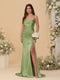 Sheath/Column Spaghetti Straps Sleeveless Ruched Long Bridesmaid Dresses With Side Slit