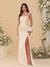 Sheath/Column Spaghetti Straps Sleeveless Ruched Long Bridesmaid Dresses With Side Slit