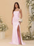 Sheath/Column Spaghetti Straps Sleeveless Ruched Long Bridesmaid Dresses With Side Slit