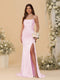 Sheath/Column Spaghetti Straps Sleeveless Ruched Long Bridesmaid Dresses With Side Slit