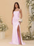 Sheath/Column Spaghetti Straps Sleeveless Ruched Long Bridesmaid Dresses With Side Slit