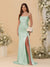 Sheath/Column Spaghetti Straps Sleeveless Ruched Long Bridesmaid Dresses With Side Slit