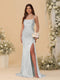 Sheath/Column Spaghetti Straps Sleeveless Ruched Long Bridesmaid Dresses With Side Slit