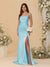 Sheath/Column Spaghetti Straps Sleeveless Ruched Long Bridesmaid Dresses With Side Slit