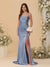 Sheath/Column Spaghetti Straps Sleeveless Ruched Long Bridesmaid Dresses With Side Slit