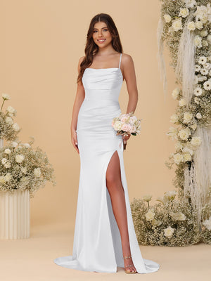Sheath/Column Spaghetti Straps Sleeveless Ruched Long Bridesmaid Dresses With Side Slit