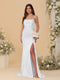 Sheath/Column Spaghetti Straps Sleeveless Ruched Long Bridesmaid Dresses With Side Slit