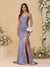 Sheath/Column Spaghetti Straps Sleeveless Ruched Long Bridesmaid Dresses With Side Slit