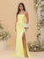 Sheath/Column Spaghetti Straps Sleeveless Ruched Long Bridesmaid Dresses With Side Slit