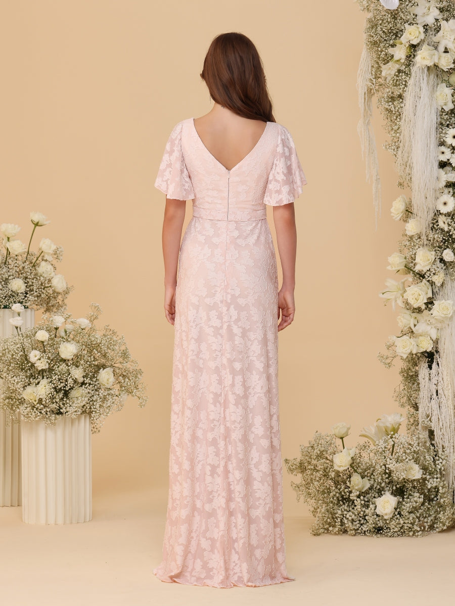 A-Line/Princess V-Neck Ruffle Short Sleeves Ruched Floor-Length Bridesmaid Dresses With Side Slit