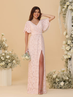 A-Line/Princess V-Neck Ruffle Short Sleeves Ruched Floor-Length Bridesmaid Dresses With Side Slit