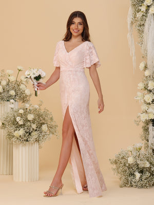 A-Line/Princess V-Neck Ruffle Short Sleeves Ruched Floor-Length Bridesmaid Dresses With Side Slit
