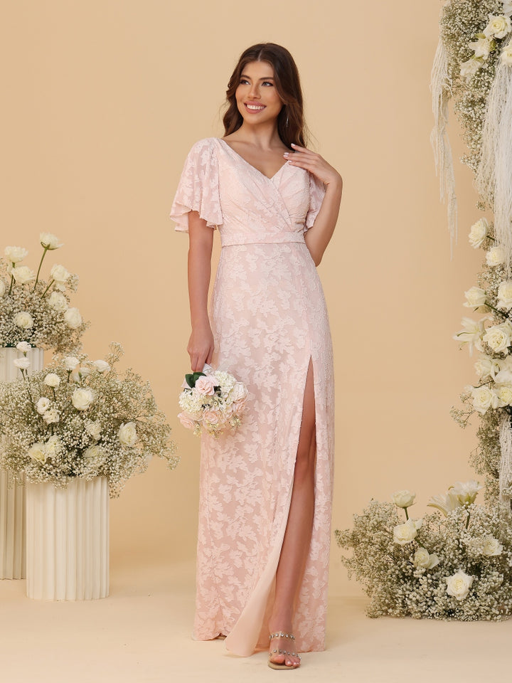 A-Line/Princess V-Neck Ruffle Short Sleeves Ruched Floor-Length Bridesmaid Dresses With Side Slit