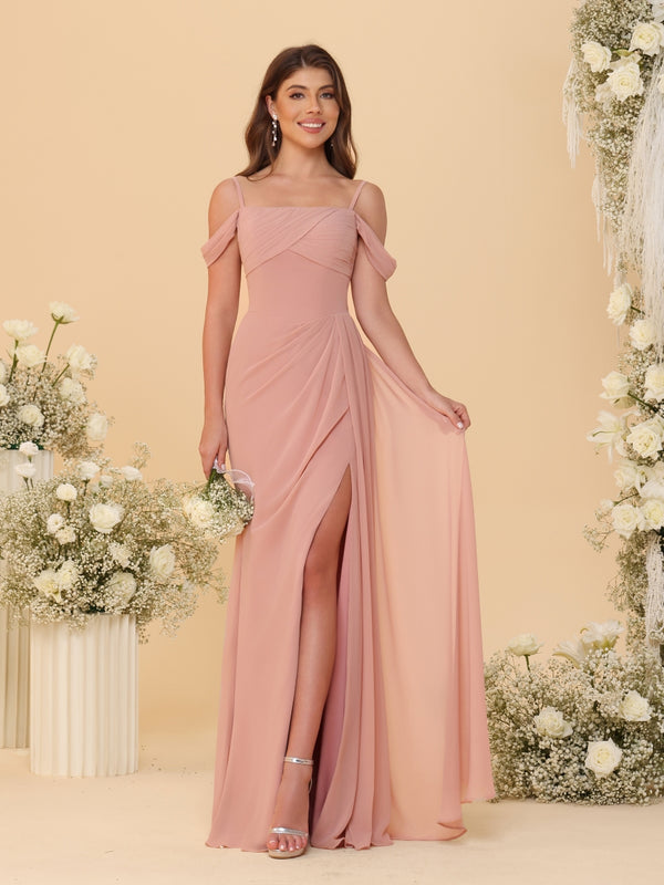 Sheath/Column Off-the-Shoulder Spaghetti Straps Long Ruched Bridesmaid Dresses With Side Slit