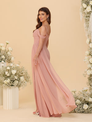 Sheath/Column Off-the-Shoulder Spaghetti Straps Long Ruched Bridesmaid Dresses With Side Slit