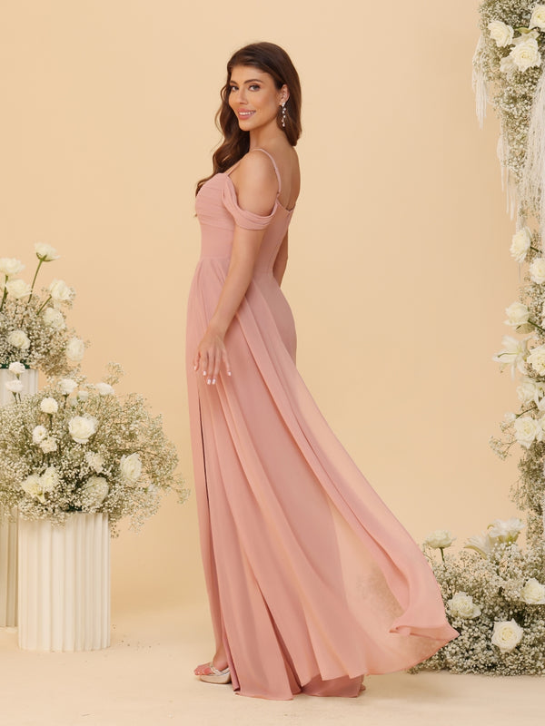 Sheath/Column Off-the-Shoulder Spaghetti Straps Long Ruched Bridesmaid Dresses With Side Slit