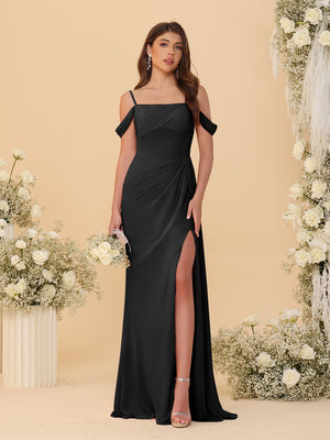 Sheath/Column Off-the-Shoulder Spaghetti Straps Long Ruched Bridesmaid Dresses With Side Slit