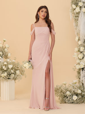 Sheath/Column Off-the-Shoulder Spaghetti Straps Long Ruched Bridesmaid Dresses With Side Slit