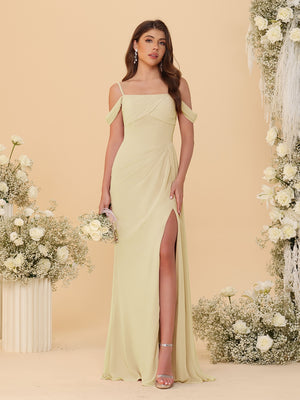 Sheath/Column Off-the-Shoulder Spaghetti Straps Long Ruched Bridesmaid Dresses With Side Slit