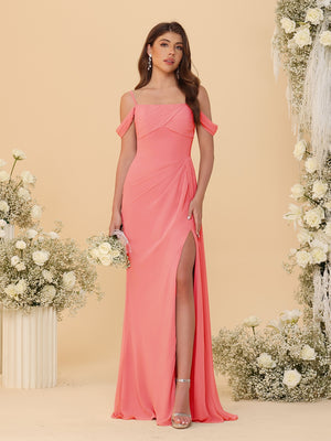 Sheath/Column Off-the-Shoulder Spaghetti Straps Long Ruched Bridesmaid Dresses With Side Slit