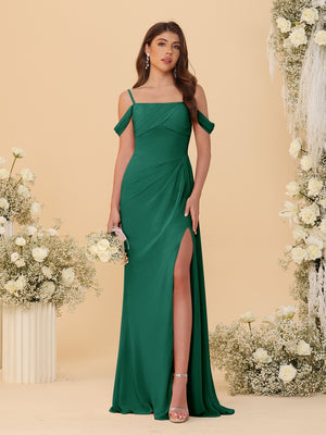 Sheath/Column Off-the-Shoulder Spaghetti Straps Long Ruched Bridesmaid Dresses With Side Slit