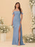 Sheath/Column Off-the-Shoulder Spaghetti Straps Long Ruched Bridesmaid Dresses With Side Slit
