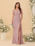 Sheath/Column Off-the-Shoulder Spaghetti Straps Long Ruched Bridesmaid Dresses With Side Slit