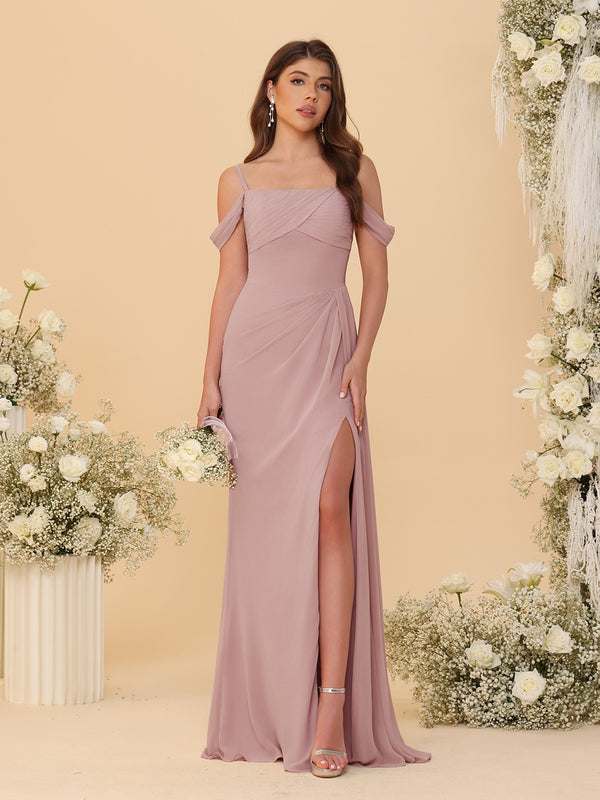 Sheath/Column Off-the-Shoulder Spaghetti Straps Long Ruched Bridesmaid Dresses With Side Slit